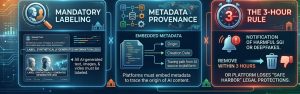 Infographic explaining India’s AI labeling requirements, metadata tracking, and harmful content removal regulations.