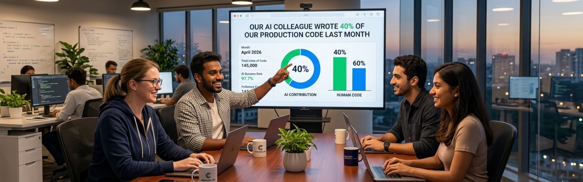 Software engineering team discussing AI-generated production code contribution statistics in a modern office.