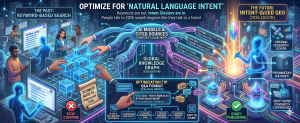 AI-focused infographic showing conversational search optimization, intent clustering, and natural language query matching.