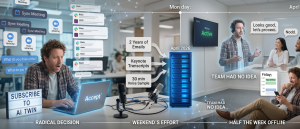 Office infographic showing AI twin training using emails, Slack messages, voice samples, and meeting transcripts to automate work tasks.