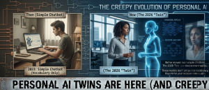 Split-screen infographic comparing early chatbots from 2023 with advanced AI personal twins capable of behavioral replication in 2026.
