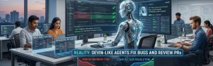 Humanoid AI assistant reviewing code and fixing software bugs alongside developers.