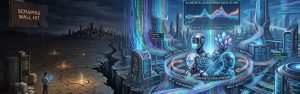 Futuristic AI ecosystem generating self-sustaining synthetic data streams after the collapse of traditional web scraping methods.