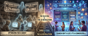 Split-screen infographic contrasting outdated SEO tactics like keyword stuffing and backlinks with modern AI conversational search systems.
