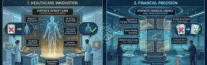 Futuristic healthcare and finance AI systems powered by synthetic patient data and financial simulation models.