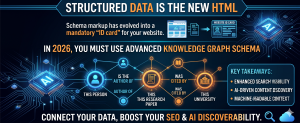 Modern infographic showing advanced schema markup and knowledge graph connections improving SEO and AI discoverability.