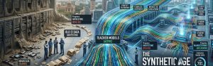 Futuristic visualization of AI teacher models generating massive synthetic data streams for next-generation AI systems.