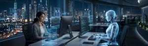 Software developer working alongside an AI humanoid assistant in a futuristic office environment.