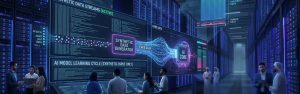 Massive AI data center using synthetic data generators and AI learning cycles to train next-generation models.