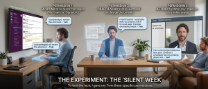 AI experiment infographic showing an AI twin responding to messages, drafting design feedback, and attending meetings as a virtual avatar.
