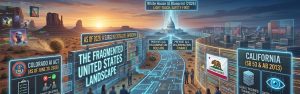Illustration showing the complex and fragmented AI regulations across different U.S. states in 2026.