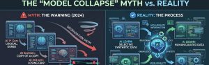 AI infographic comparing the myth of model collapse with the reality of selective synthetic and curated learning systems.
