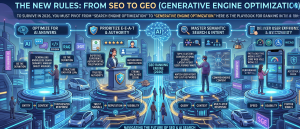 Advanced AI infographic explaining Generative Engine Optimization strategies including AI answers, semantic search, E-E-A-T, and accessibility.