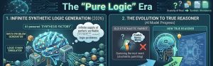 AI infographic illustrating the rise of synthetic logic generation and the evolution from stochastic AI models to true reasoning systems.
