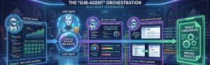 Diagram showing AI testing, security, and documentation agents working together in software development.