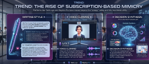 Advanced AI infographic showing writing-style cloning, voice replication, and decision synthesis through AI twin platforms.