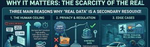 Infographic explaining limitations of real-world data including human productivity, privacy regulations, and edge-case shortages.