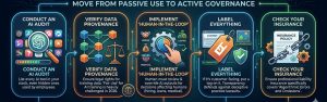 AI governance checklist infographic featuring audits, data provenance, human oversight, AI labeling, and insurance verification.