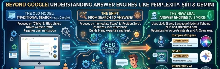 Infographic showing the evolution from traditional click-based search to AI-driven answer engines