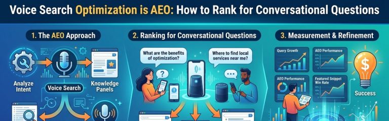 Answer engine optimization framework showing voice search workflow, conversational questions, and performance measurement.