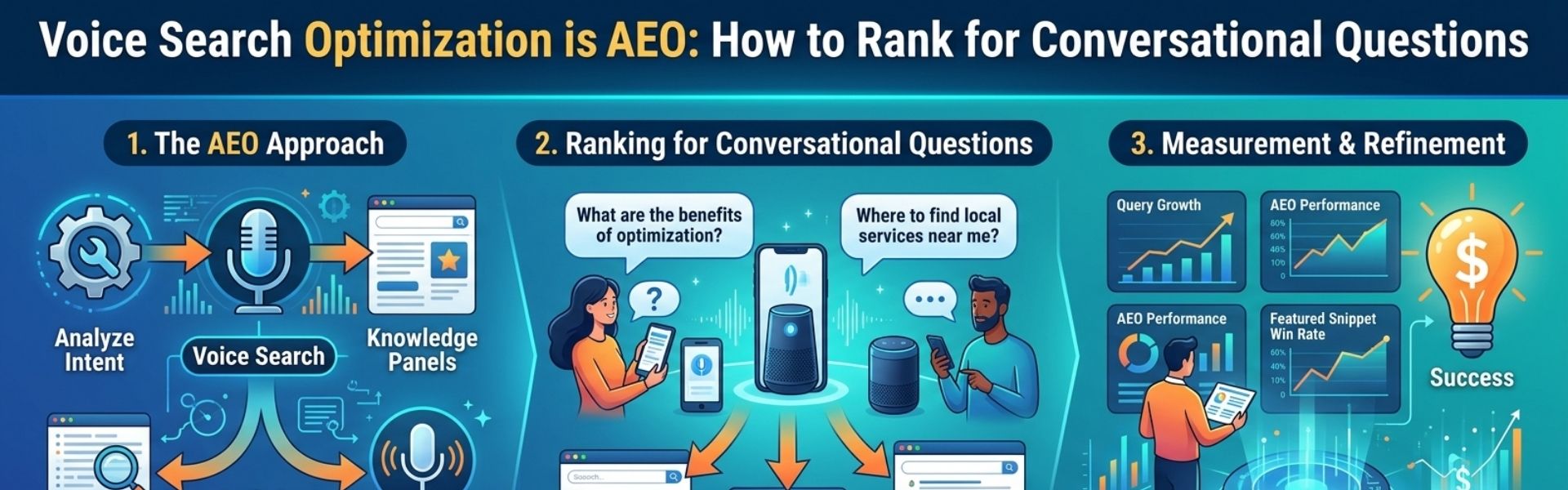 Answer engine optimization framework showing voice search workflow, conversational questions, and performance measurement.