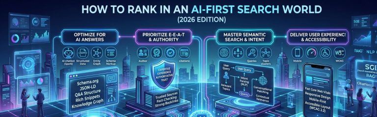 Futuristic AI SEO infographic showing optimization strategies including schema markup, semantic search, E-E-A-T, and accessibility.
