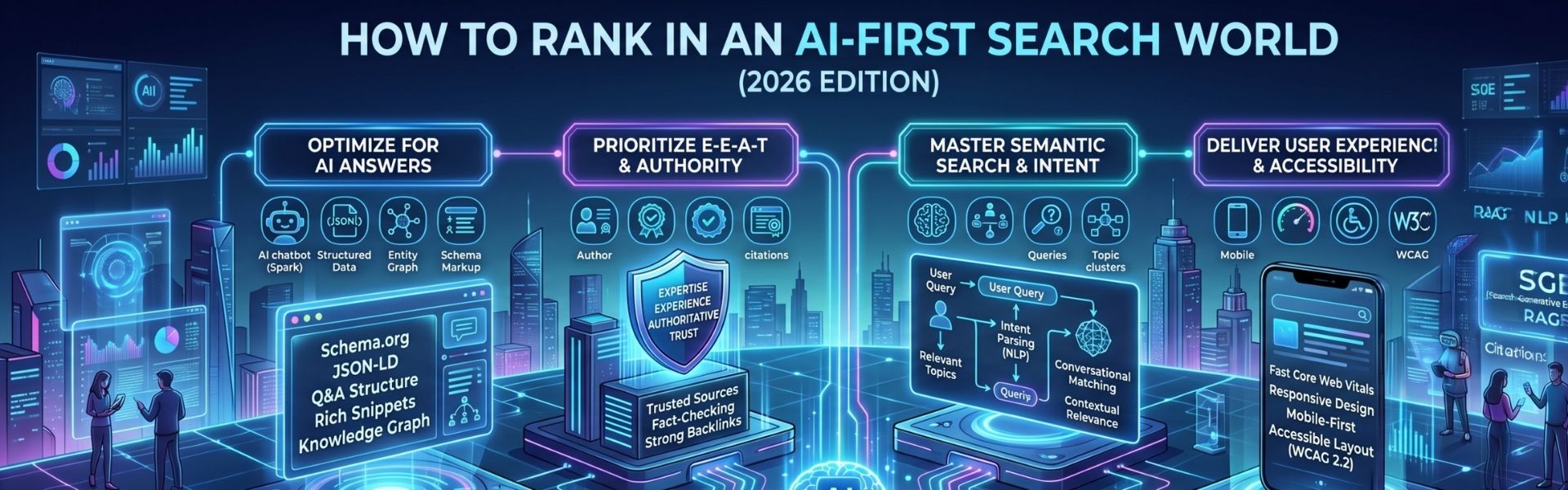 Futuristic AI SEO infographic showing optimization strategies including schema markup, semantic search, E-E-A-T, and accessibility.