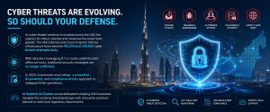 Digital shield protecting UAE businesses from phishing attacks, ransomware, AI-powered cyber threats, and data breaches.