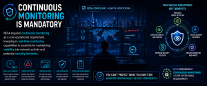 Continuous cybersecurity monitoring dashboard showing real-time threat detection, security operations center, and NESA compliance monitoring.
