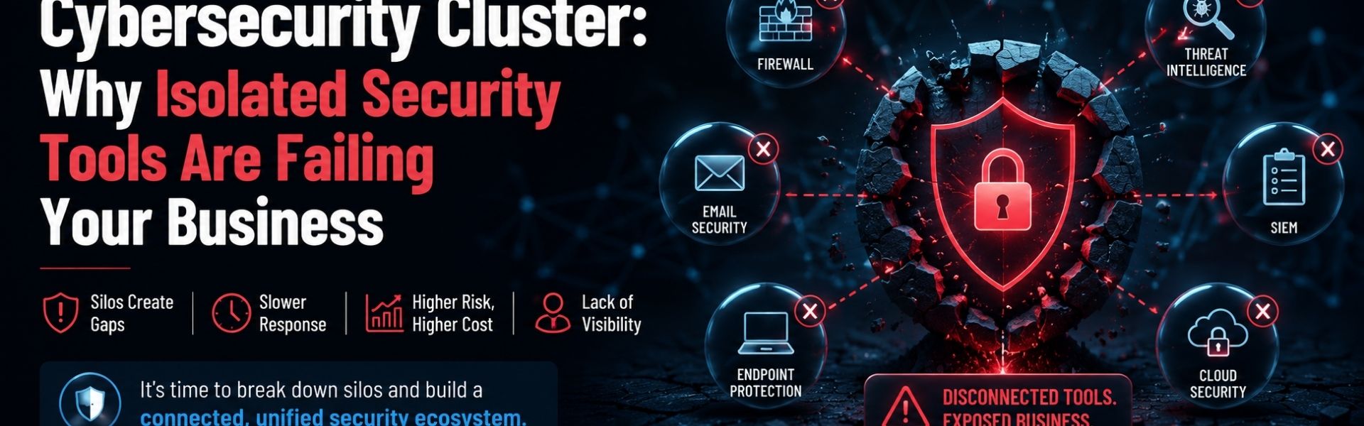 Cybersecurity cluster concept showing disconnected security tools creating security gaps and increased cyber risk