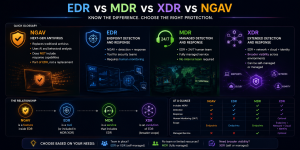 Comparison chart explaining NGAV, EDR, MDR, and XDR cybersecurity solutions, features, monitoring capabilities, and security coverage
