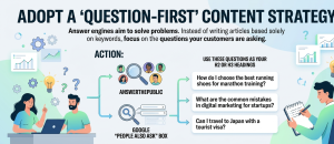 Infographic showing how to use customer questions like "how to choose running shoes" as H2 and H3 headings for better content strategy.