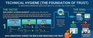 Technical SEO infographic explaining schema markup, FAQ schema, local business schema, and AI trust signals.