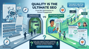 Infographic comparing traditional keyword-focused SEO with user-focused AEO (Answer Engine Optimization) for better engagement.