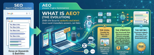 Diagram illustrating Answer Engine Optimization (AEO) and its focus on authority and intent.