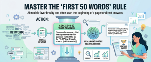 Illustration showing how to craft a concise 40-50 word summary at the beginning of an article to capture the featured snippet