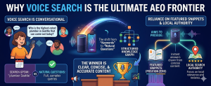 Voice search and answer engine optimization infographic showing featured snippets, local authority, and conversational search behavior.