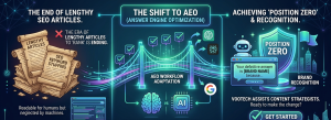 Illustration showing the transition from lengthy keyword-stuffed articles to AEO and Position Zero for brand recognition.