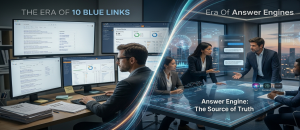 Professional workplace setting comparing traditional search dashboards to AI answer engine tools