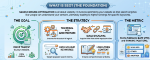 Infographic explaining Search Engine Optimization (SEO) goals, strategies, and metrics.