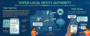 Local SEO and entity authority infographic showing Google Business Profile optimization and location-based search visibility