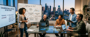 A team in a modern office collaborating on a whiteboard to optimize content for NLP, voice search, and AI chatbots.