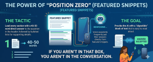 Featured snippets optimization infographic showing how direct answers improve voice search visibility and AEO rankings