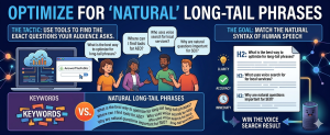 Voice search keyword optimization infographic comparing traditional keywords with natural conversational search phrases.