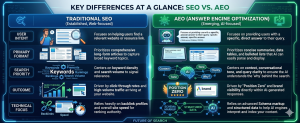 Comparison table detailing user intent, format, priority, and outcomes for SEO and AEO.
