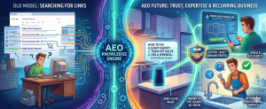 Illustration comparing traditional link-based search with AEO knowledge engines and brand trust.