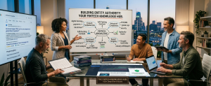 Team collaborating on building authority for a fintech knowledge hub using expert insights and comprehensive coverage.