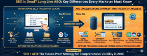 Infographic comparing Traditional SEO and Answer Engine Optimization (AEO) for marketers.