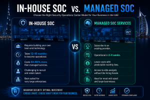 Comparison of in-house SOC and managed SOC services showing costs, deployment time, staffing, and business benefits.