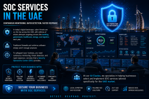 UAE cybersecurity infographic showing rising cyber threats, SOC monitoring dashboards, and business protection services